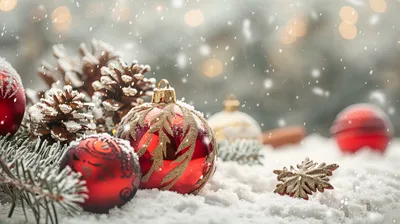 Red Christmas Ornaments With Pinecones In Snow