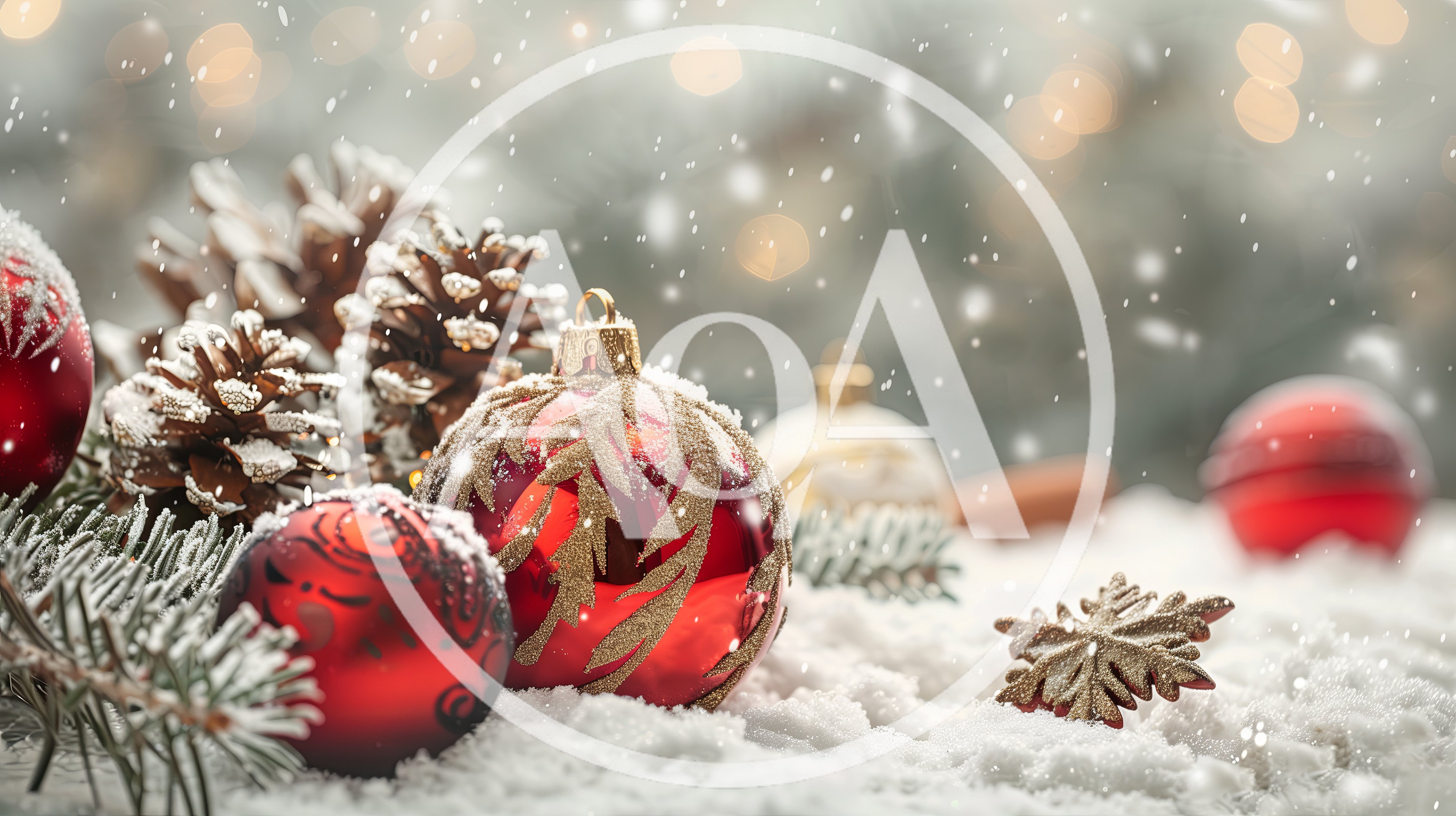 Red Christmas Ornaments With Pinecones In Snow