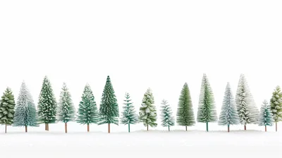 Miniature Christmas Trees In A Row On Snow