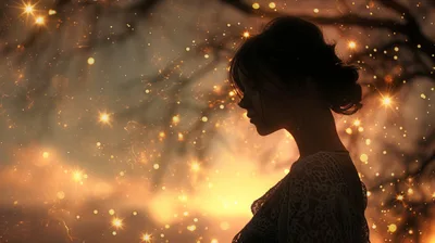 Silhouette Of A Woman In A Dreamy Golden Forest