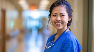 Smiling Asian Nurse Standing In Hospital Hallway