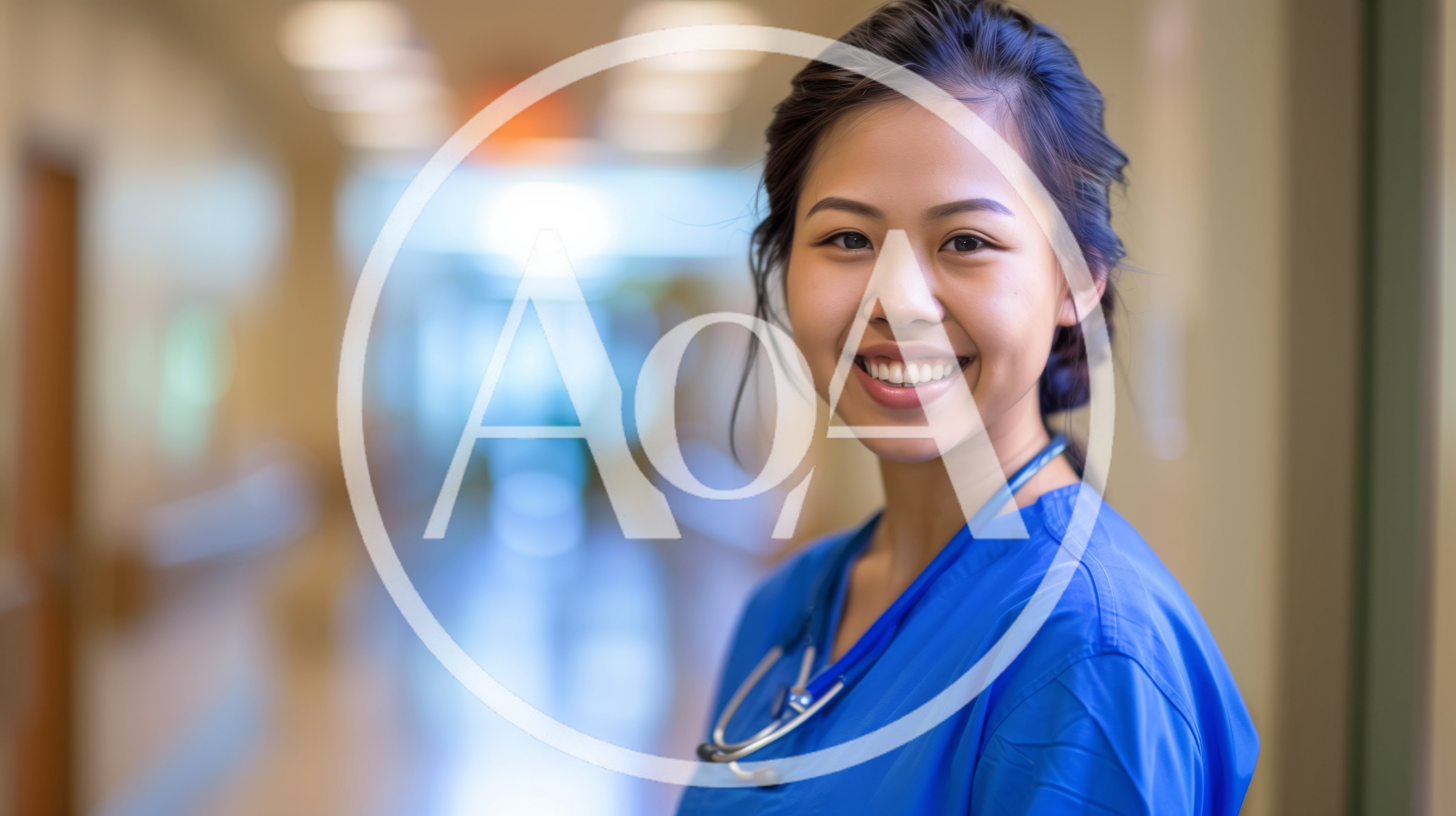 Smiling Asian Nurse Standing In Hospital Hallway