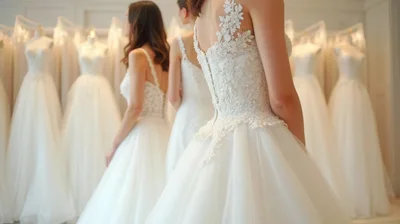 Brides Trying On Wedding Dresses In A Bridal Boutique