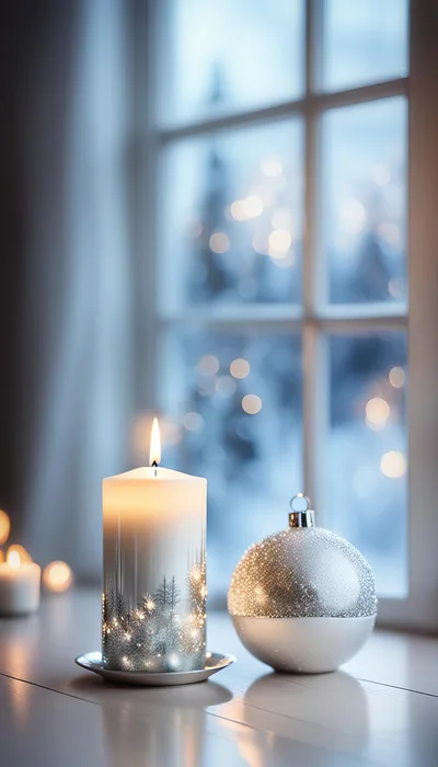 Lit Christmas Candle And Silver Ornament On Window Sill