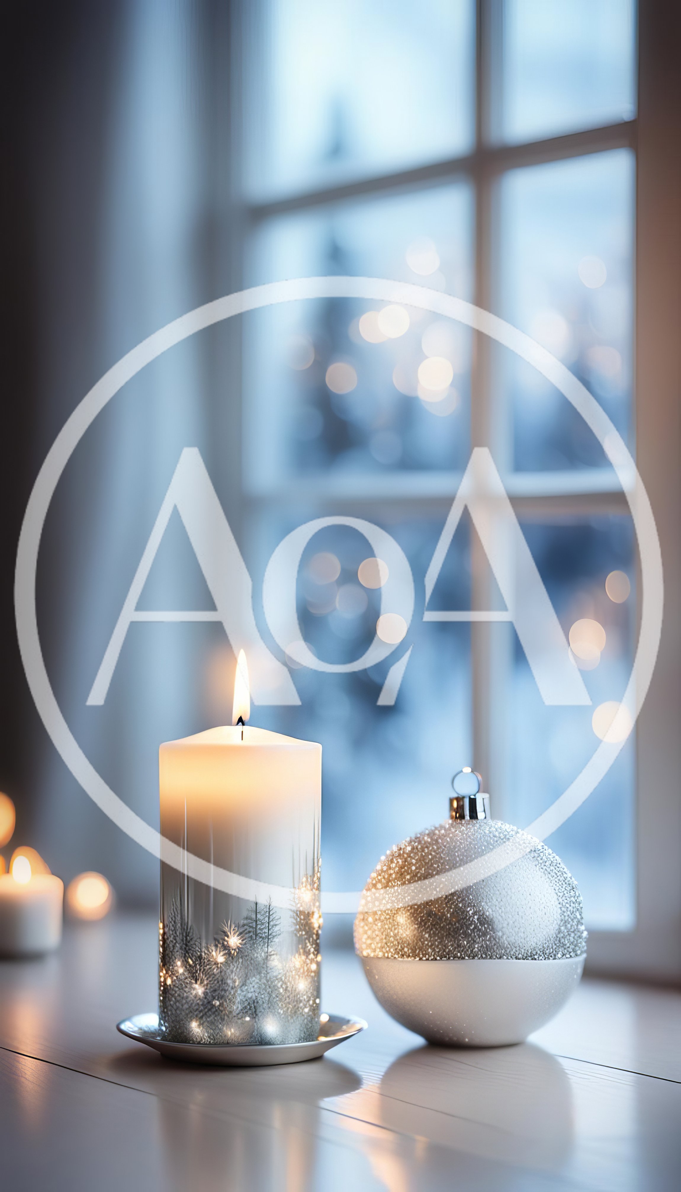 Lit Christmas Candle And Silver Ornament On Window Sill
