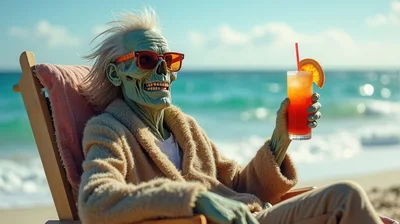 Zombie Relaxing On Beach With Tropical Cocktail