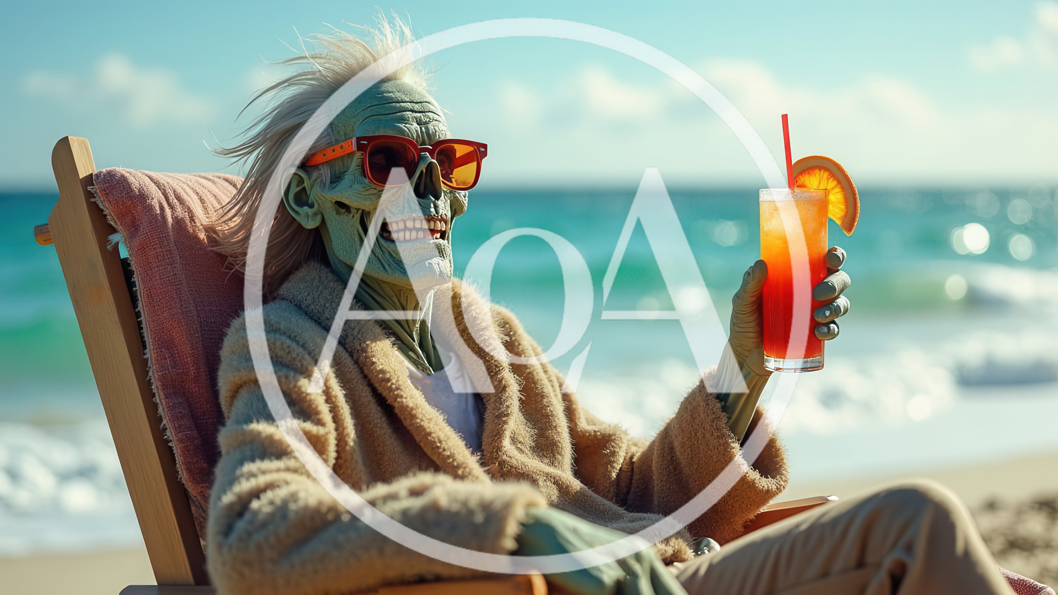 Zombie Relaxing On Beach With Tropical Cocktail