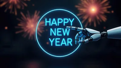 Robotic Hand Touching Neon Happy New Year Sign
