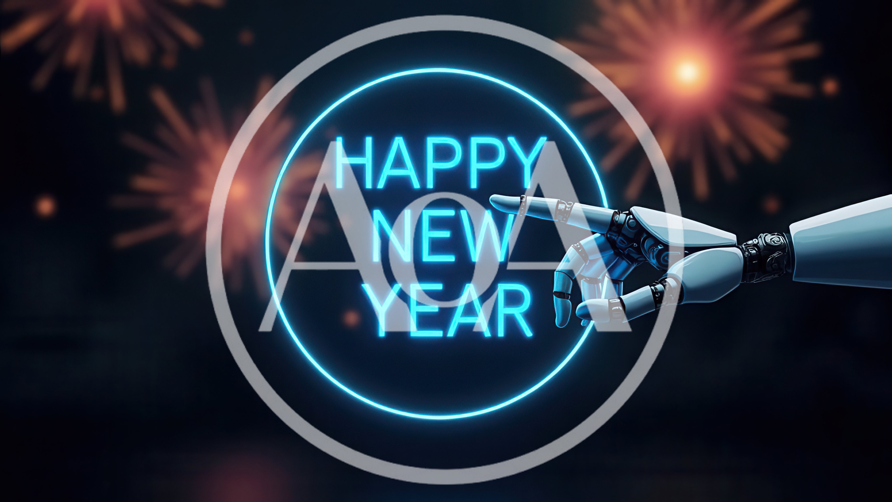 Robotic Hand Touching Neon Happy New Year Sign