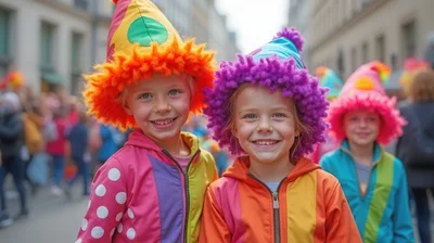 Happy Children Wearing Colorful Clown Hats At Parade