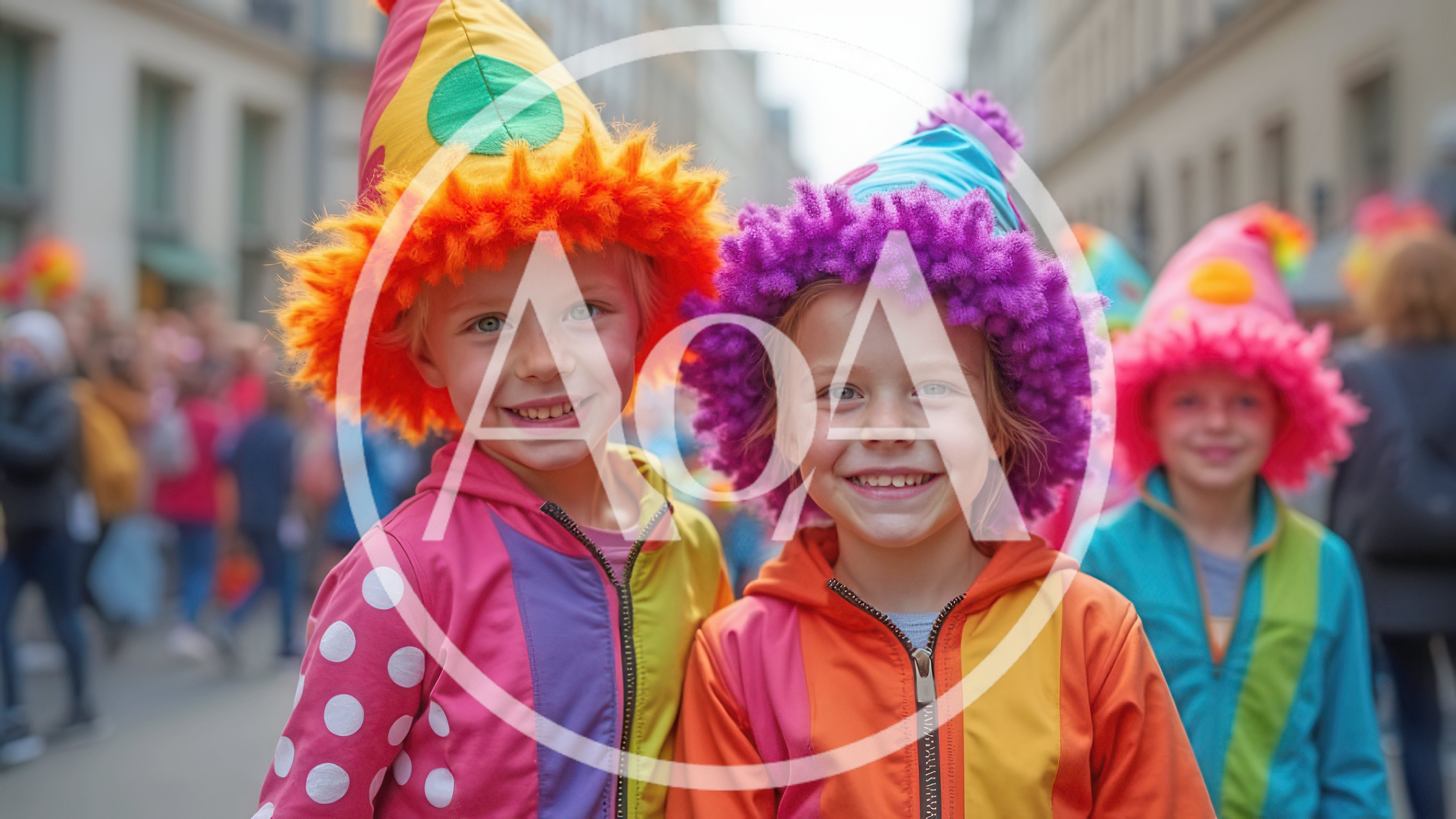 Happy Children Wearing Colorful Clown Hats At Parade