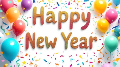 Happy New Year Text With Colorful Balloons And Confetti