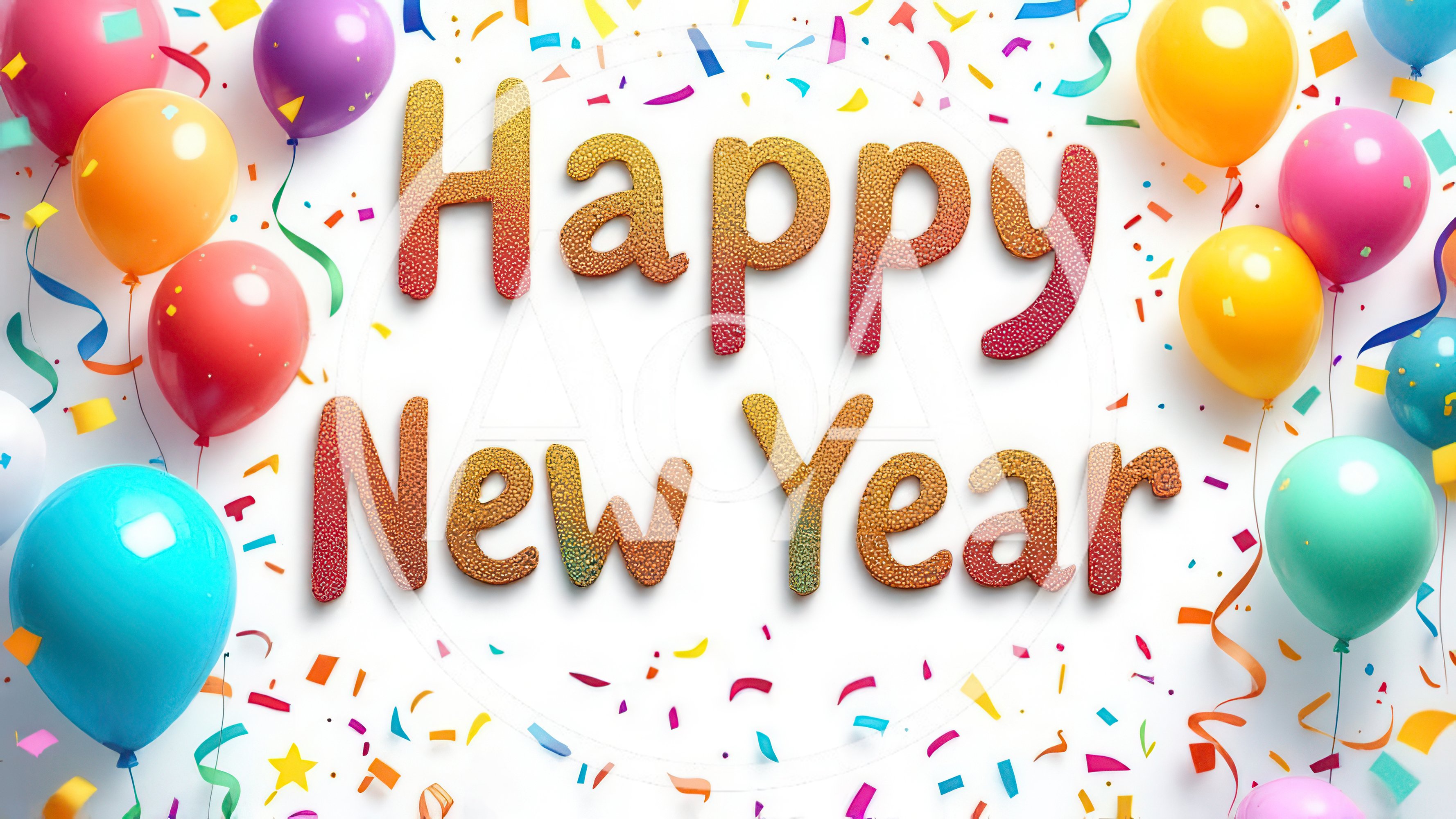 Happy New Year Text With Colorful Balloons And Confetti