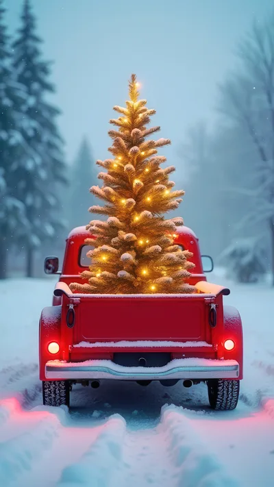 Red Vintage Pickup Truck Carrying Christmas Tree