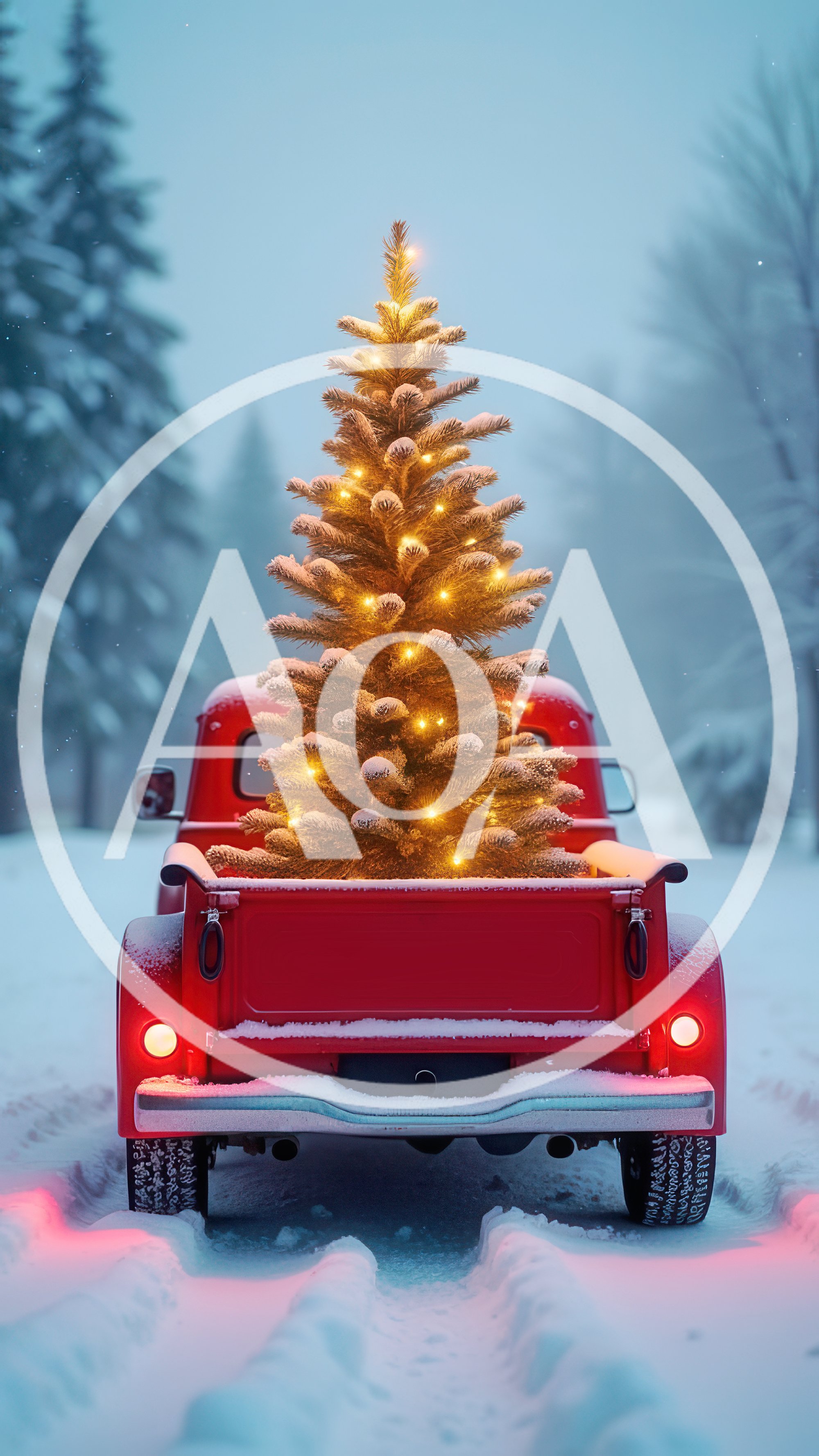Red Vintage Pickup Truck Carrying Christmas Tree