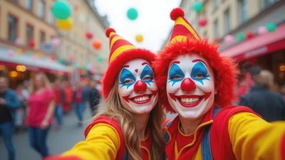 Two Women Wearing Clown Makeup Taking A Selfie