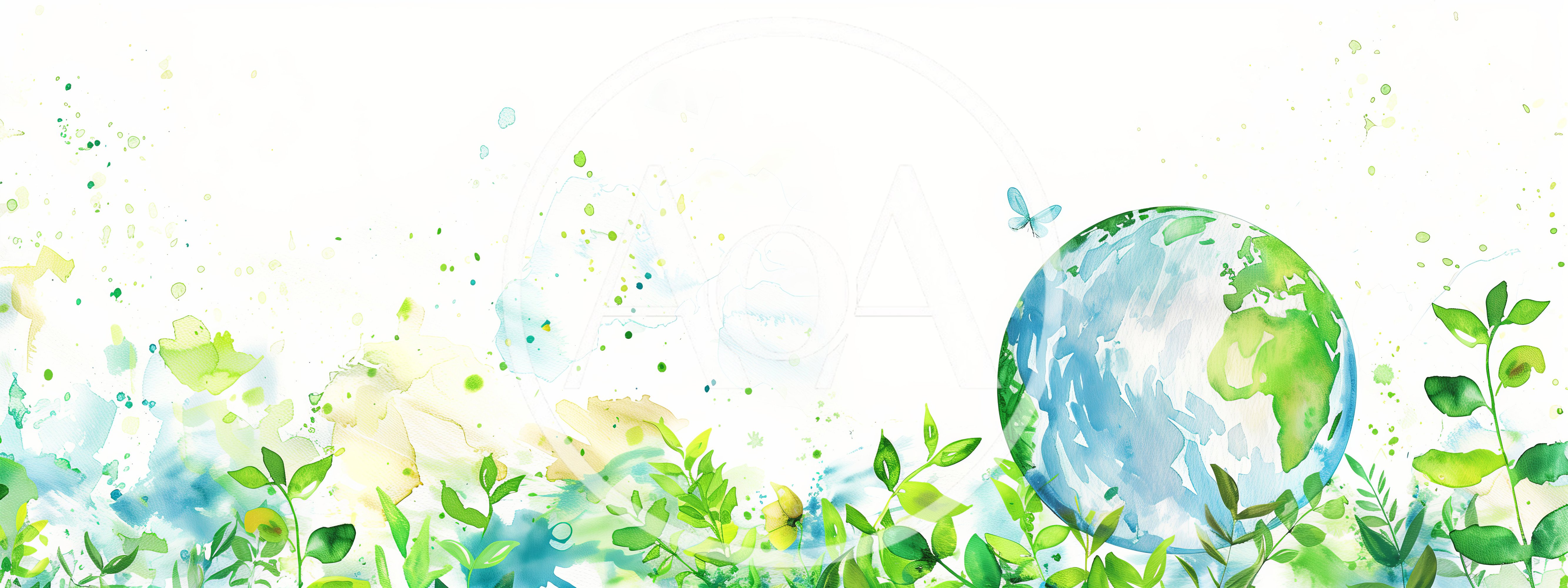 Watercolor Earth Illustration With Green Foliage And Butterfly