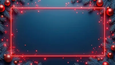 Christmas Neon Frame With Red Ornaments And Pine Branches