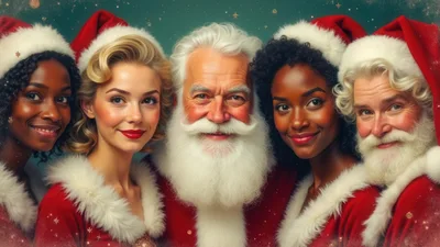 Diverse Group Of People Wearing Santa Claus Costumes