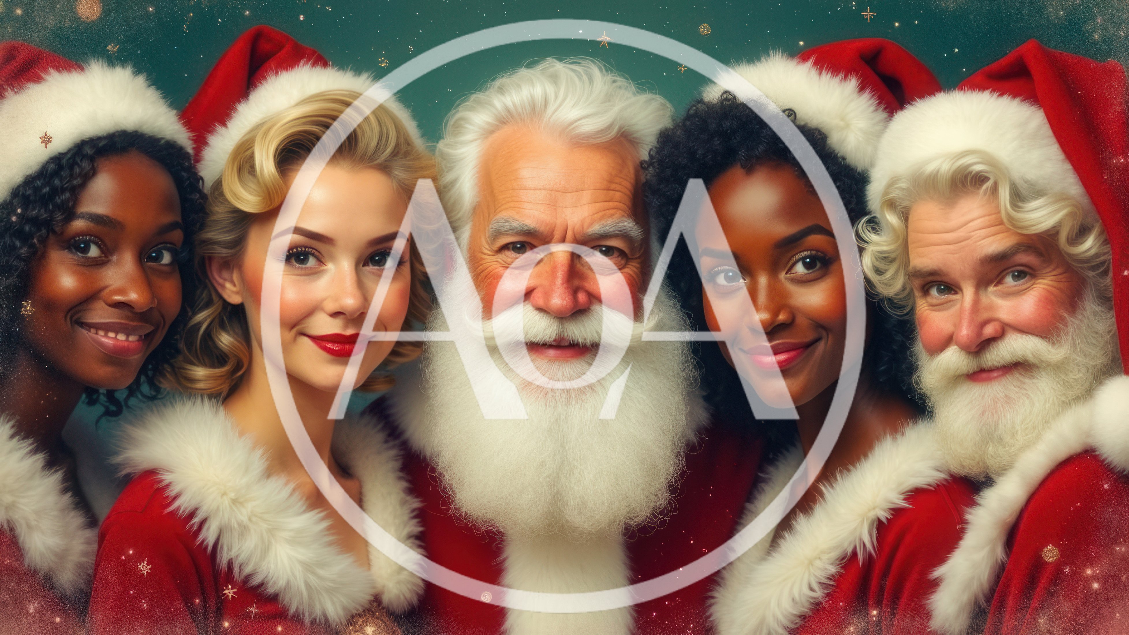 Diverse Group Of People Wearing Santa Claus Costumes