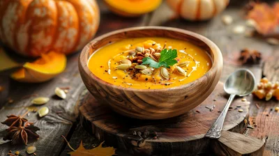 Creamy Pumpkin Soup in Wooden Bowl