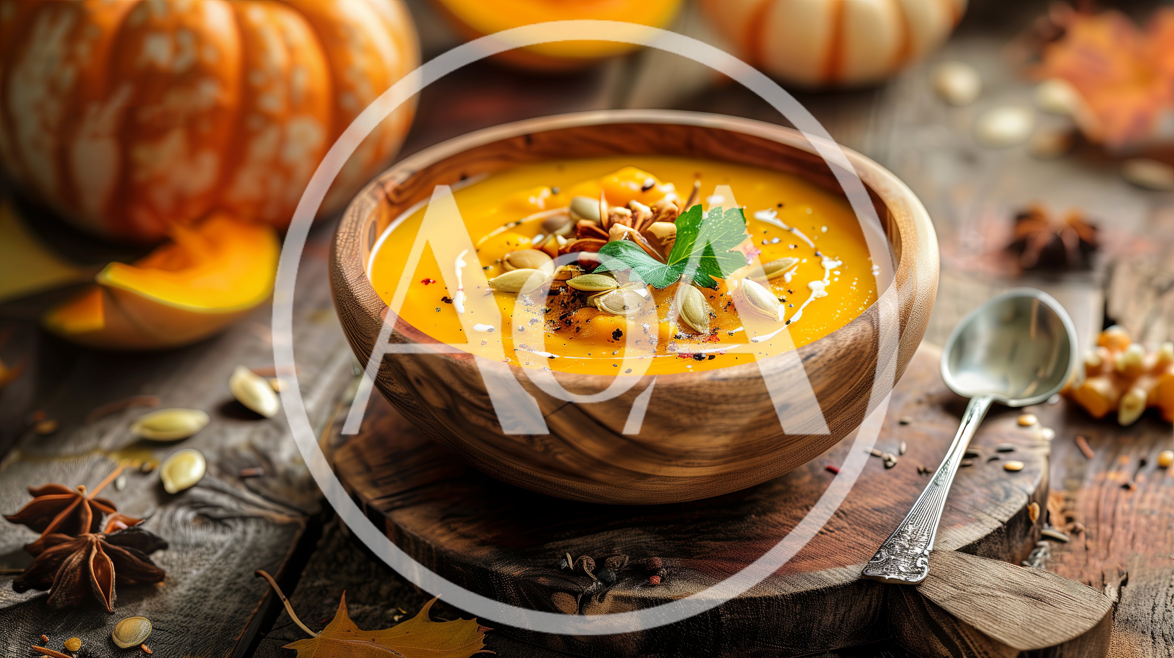 Creamy Pumpkin Soup in Wooden Bowl