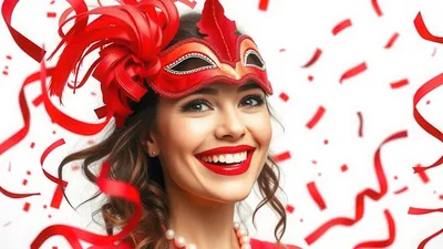 Smiling Woman Wearing Red Masquerade Mask With Confetti