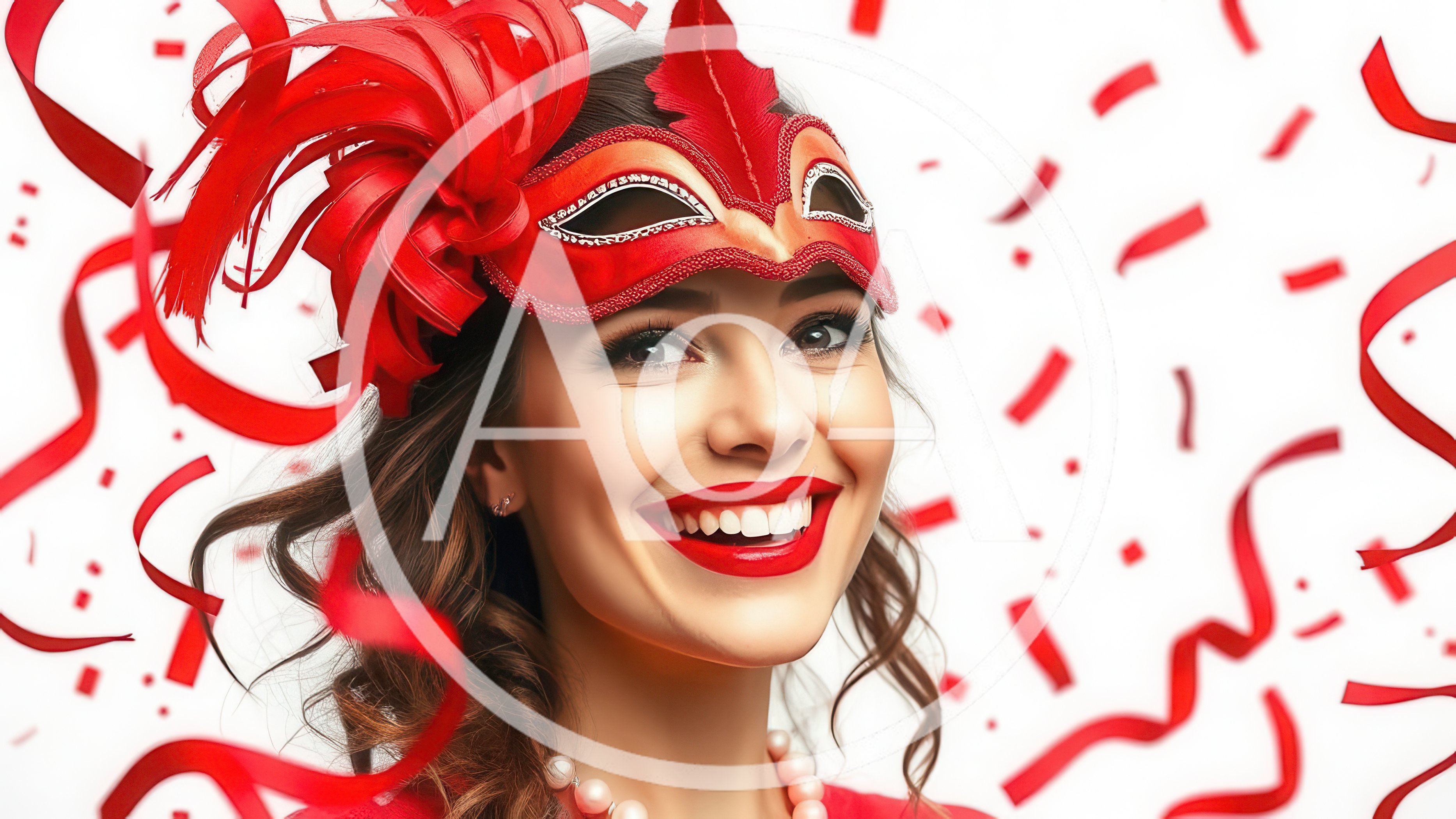 Smiling Woman Wearing Red Masquerade Mask With Confetti