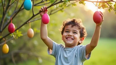 Happy Young Boy Decorating Tree With Colorful Easter Eggs