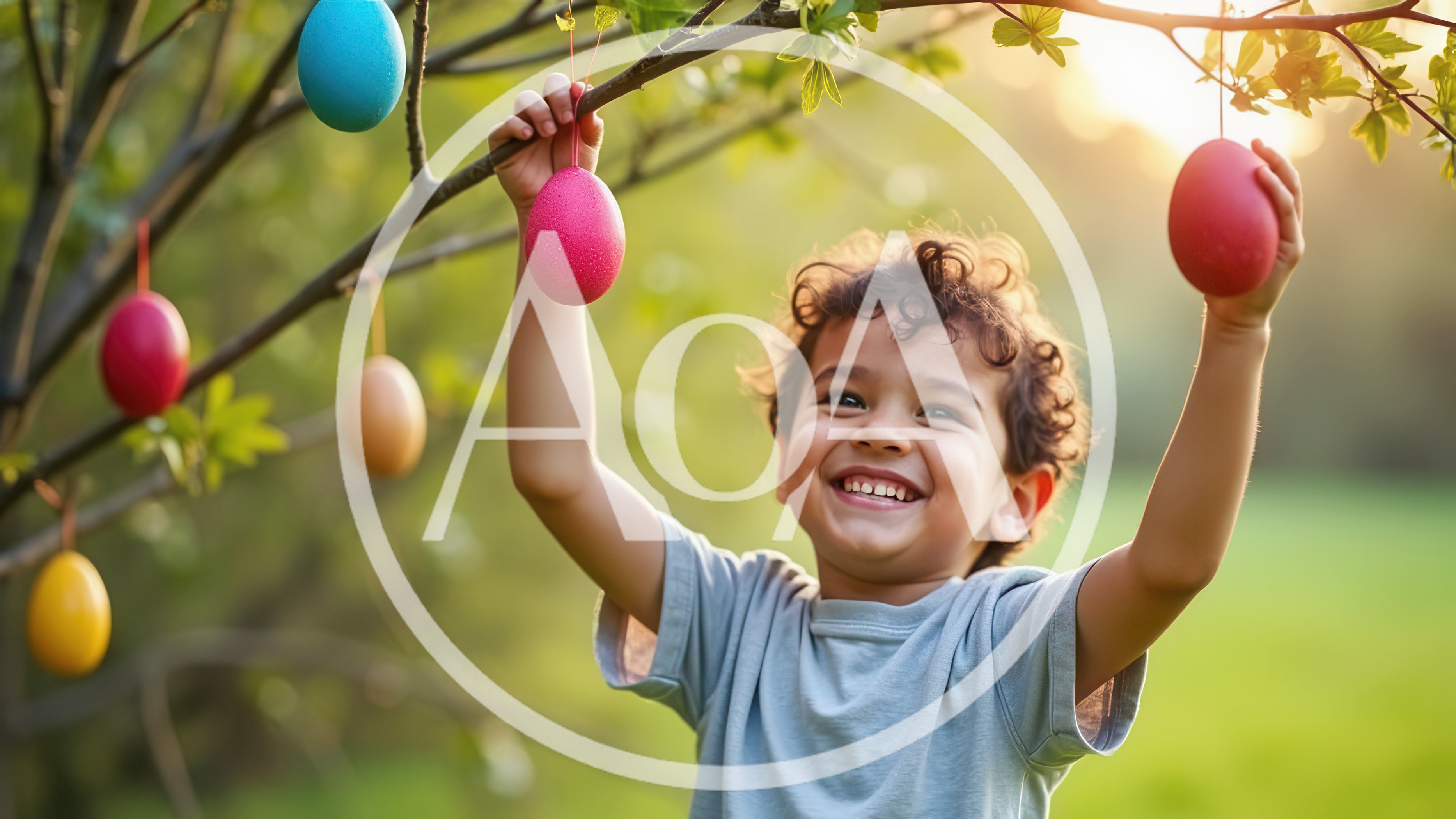 Happy Young Boy Decorating Tree With Colorful Easter Eggs