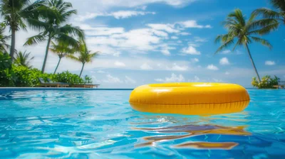 Yellow Inflatable Pool Ring Floating in Tropical Resort Pool