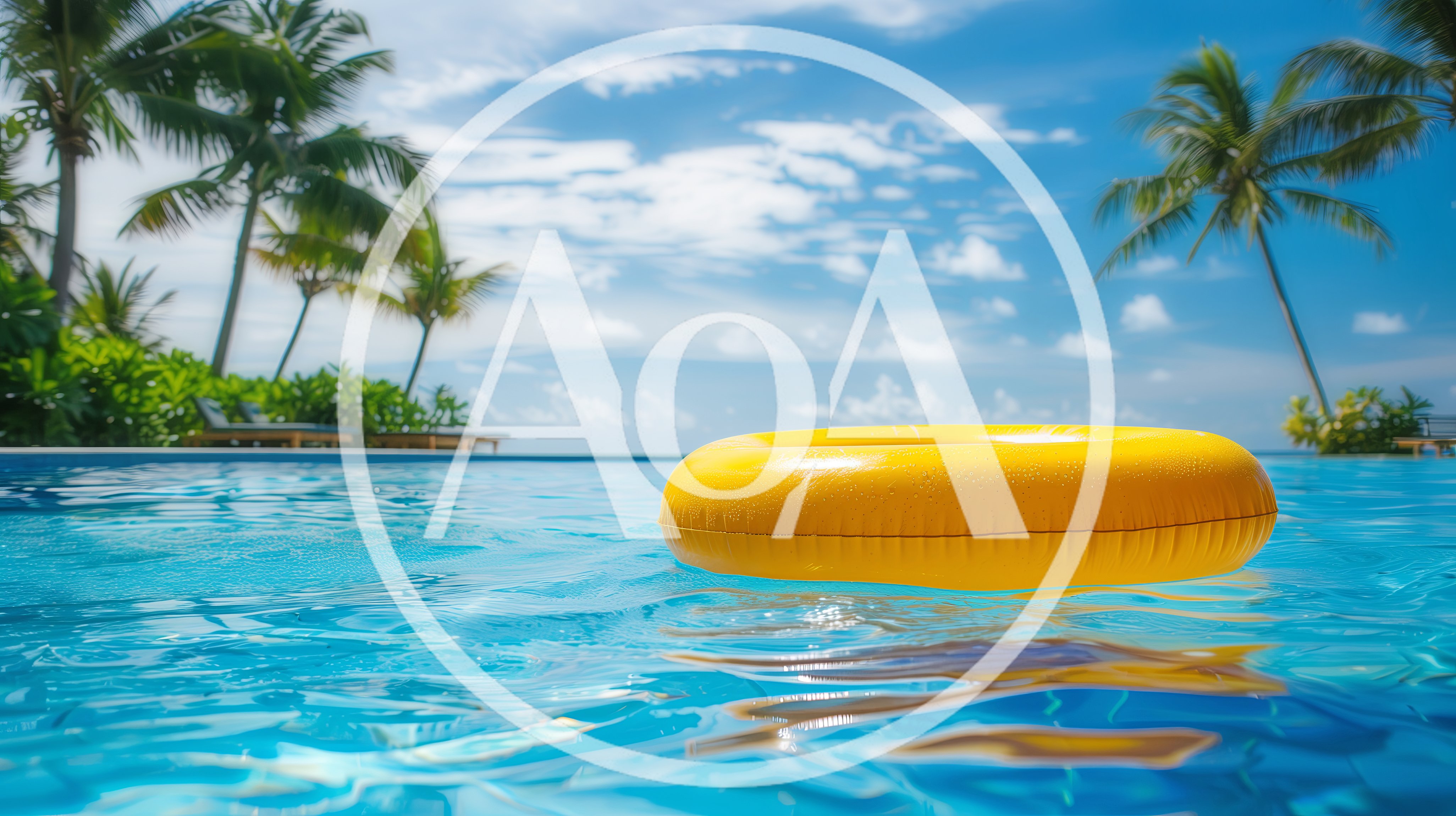 Yellow Inflatable Pool Ring Floating in Tropical Resort Pool