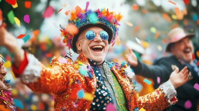 Joyful Senior Man Celebrating at a Festive Carnival Parade