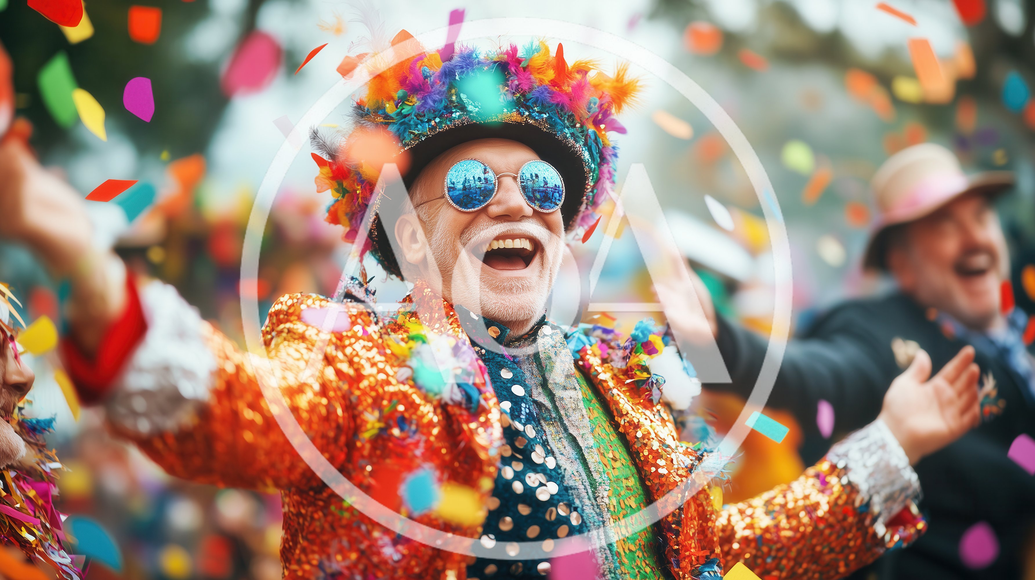 Joyful Senior Man Celebrating at a Festive Carnival Parade