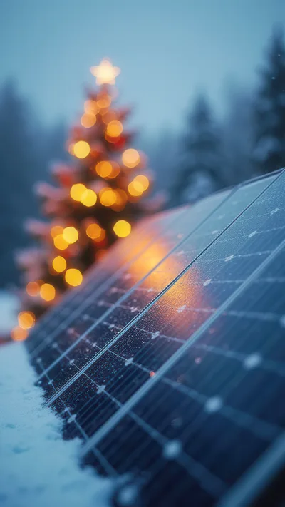 Solar Panel Array Covered In Snow With Christmas Tree