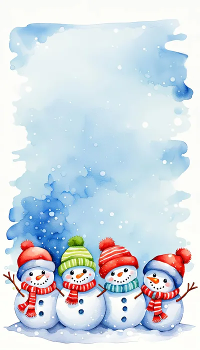 Four Cute Snowmen Wearing Winter Hats And Scarves