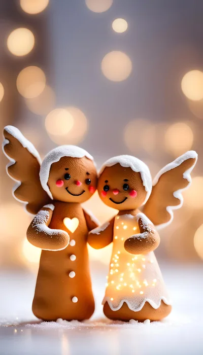 Two Gingerbread Angel Figurines With Glowing Hearts