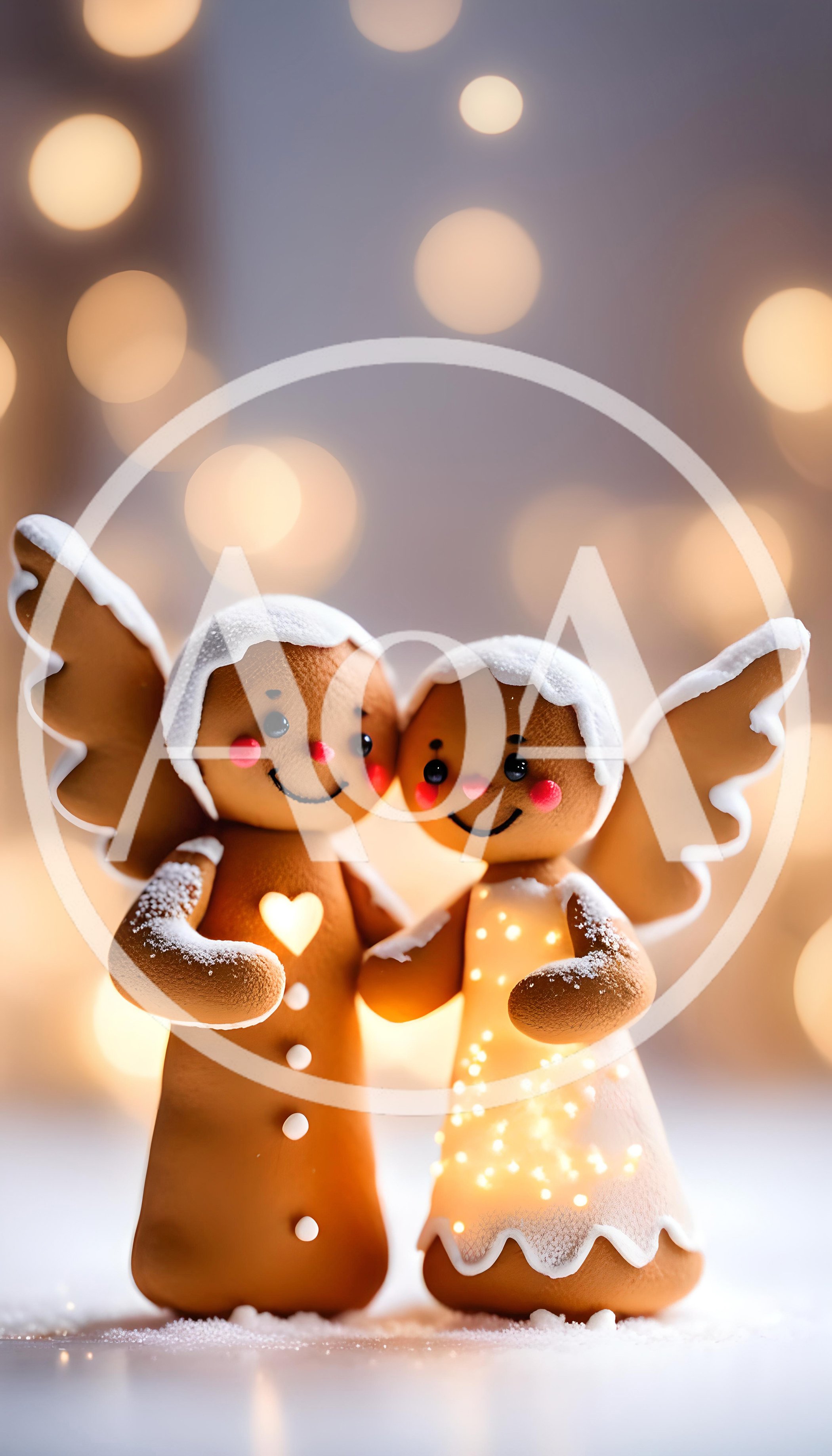 Two Gingerbread Angel Figurines With Glowing Hearts