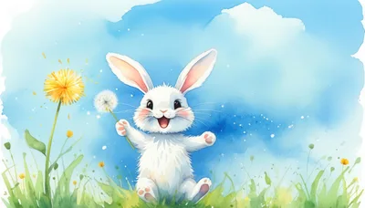 Cute White Bunny Holding Dandelion In Watercolor Style