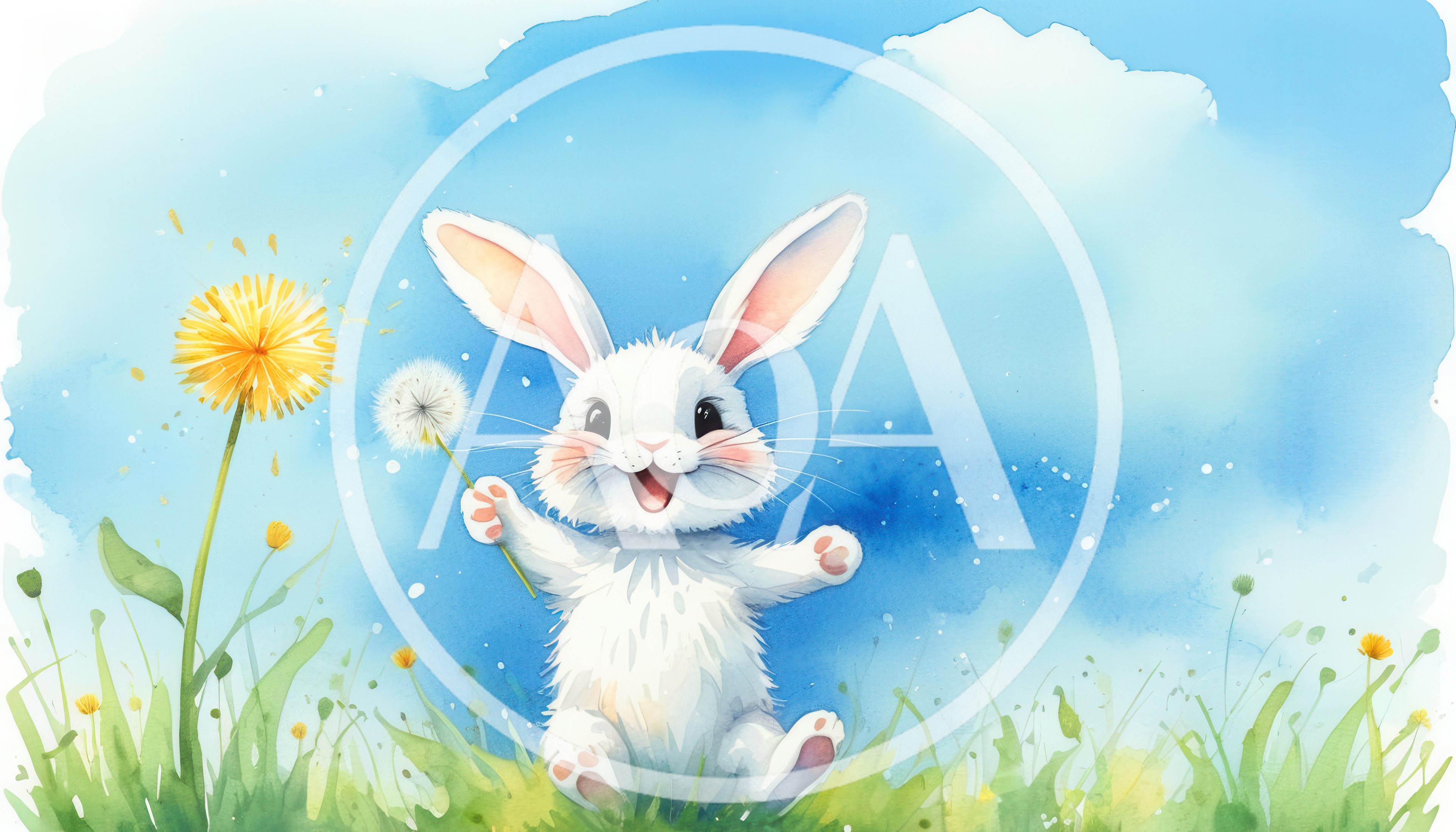 Cute White Bunny Holding Dandelion In Watercolor Style