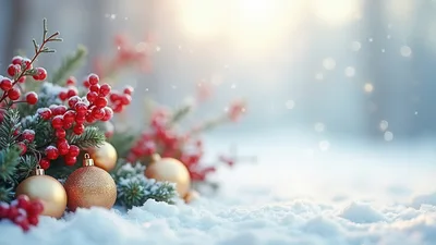 Christmas Ornaments And Red Berries On Snowy Ground