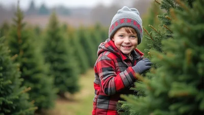 Young Boy Choosing A Christmas Tree At A Farm