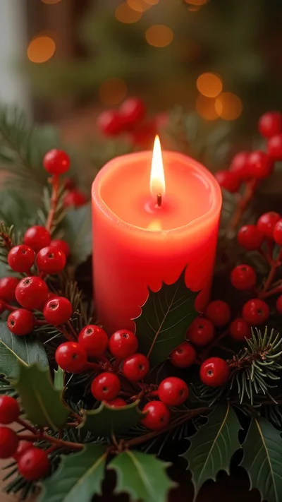 Lit Red Christmas Candle With Holly Berries