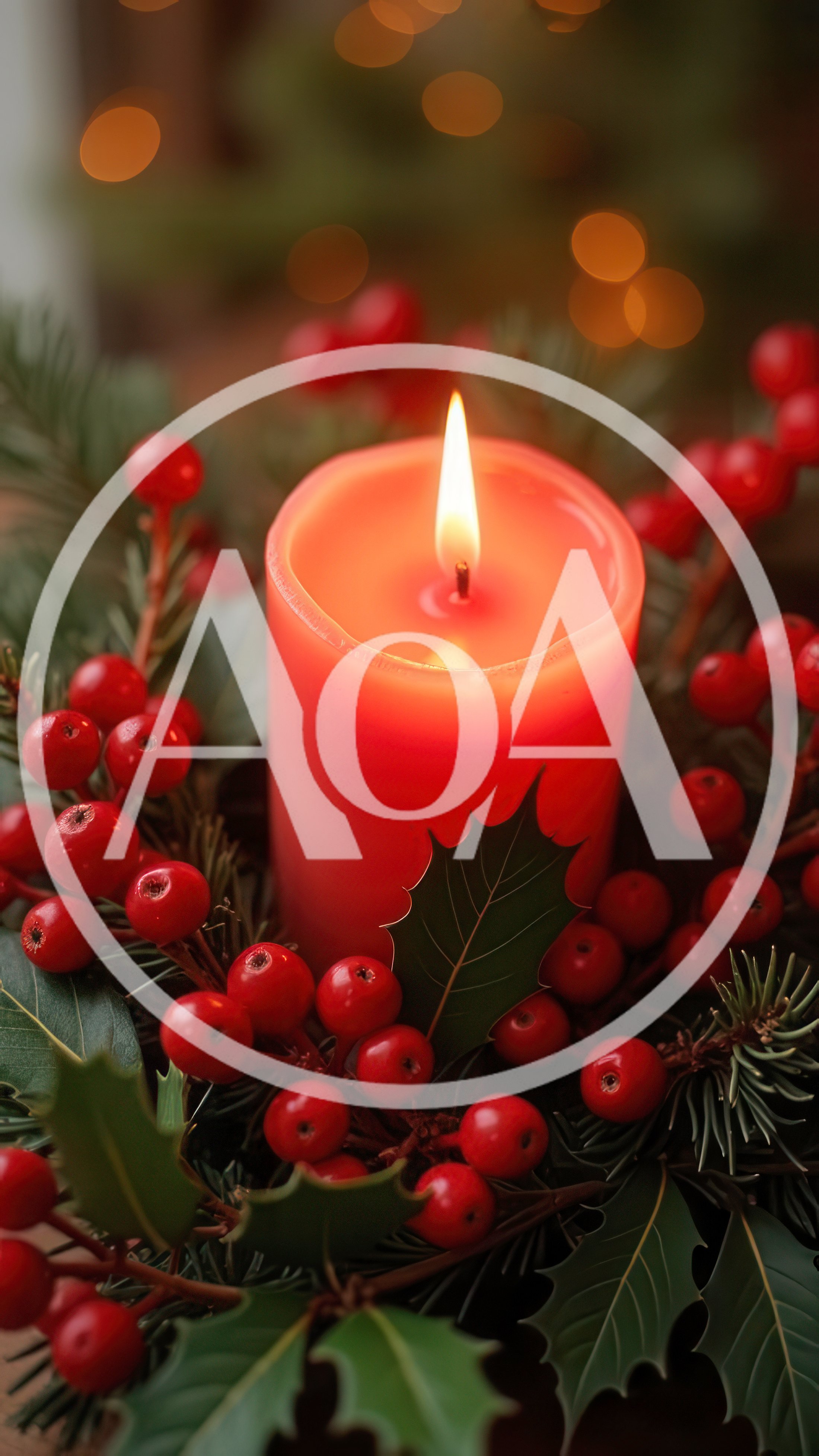 Lit Red Christmas Candle With Holly Berries
