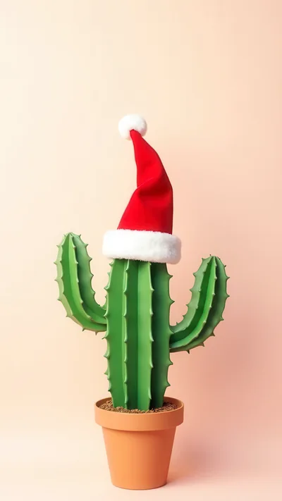 Green Cactus Wearing A Red Santa Hat
