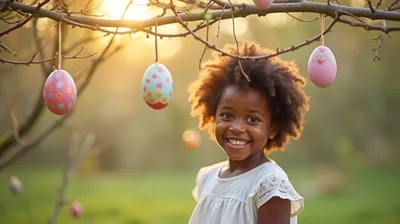 Happy Young Girl With Easter Eggs In Sunny Garden