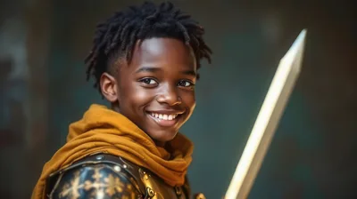 Young African Boy Dressed As A Medieval Knight