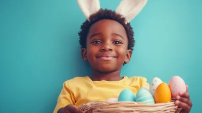 Young African American Child Wearing Bunny Ears Holding Easter Eggs