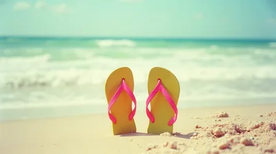 Yellow Flip Flops Standing On Sandy Beach