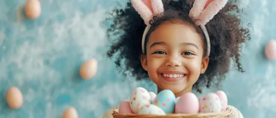 Happy Young Girl Wearing Bunny Ears Holding Easter Eggs